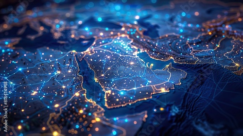 abstract map of saudi arabia middle east and north africa concept of global network and connectivity data transfer and cyber technology information exchange.illustration,stock photo