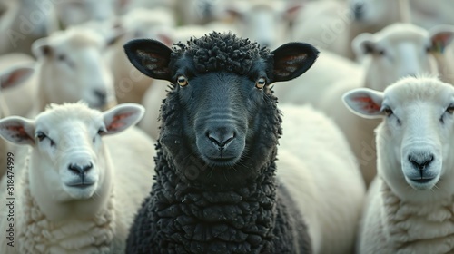 a black sheep among a flock of white sheep raising head as a leader concept of standing out from the crowd of being different and unique with its own identity.stock immage photo