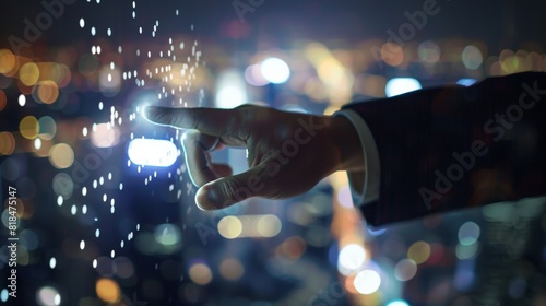 A hand touches virtual data points, with a blurred cityscape in the background, signifying advanced technology and connectivity.