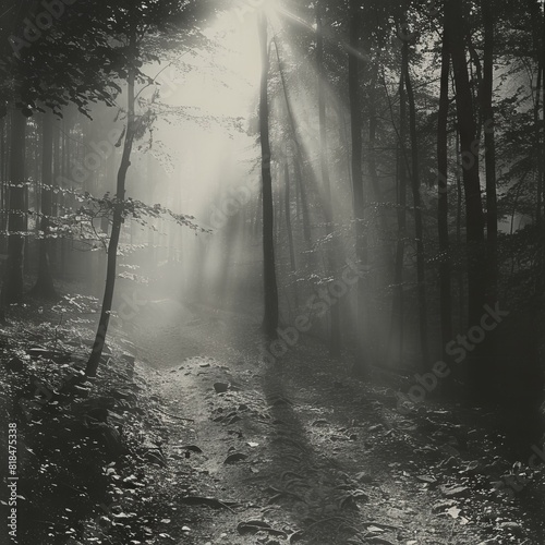 A black-and-white photo of a foggy forest path with light filtering through the trees  creating a mysterious atmosphere. 