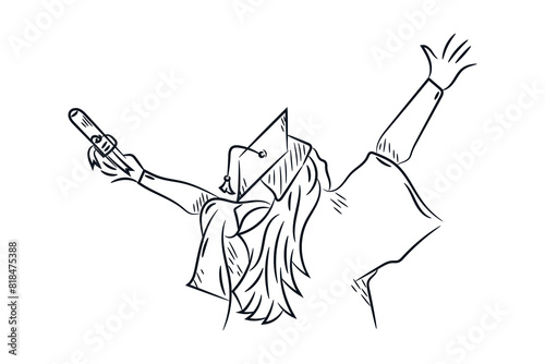 Woman celebrating graduation hand drawn line art vector sketch illustration