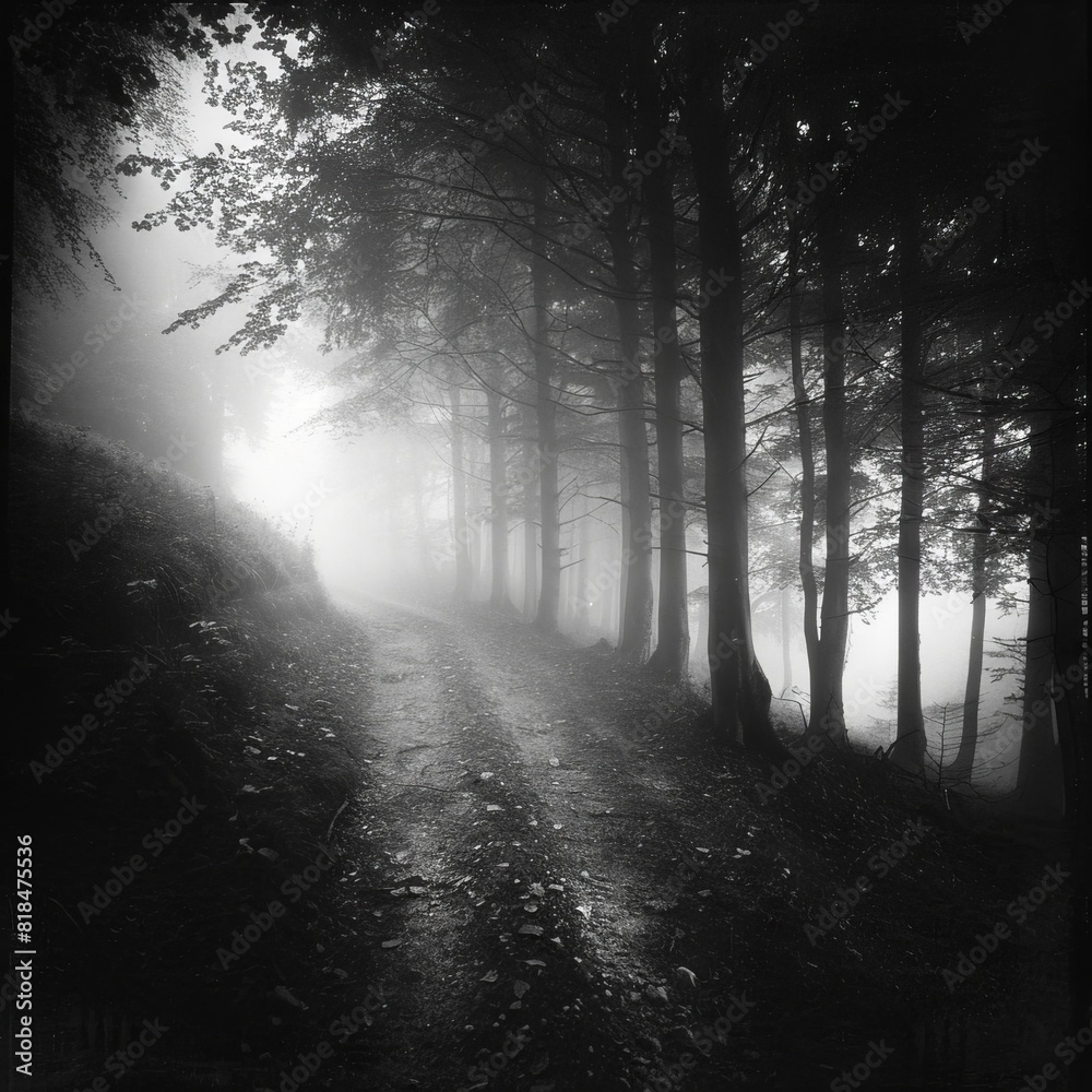 Fototapeta premium A black-and-white photo of a foggy forest path with light filtering through the trees, creating a mysterious atmosphere.