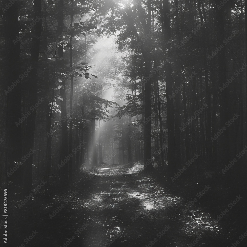 Fototapeta premium A black-and-white photo of a foggy forest path with light filtering through the trees, creating a mysterious atmosphere.