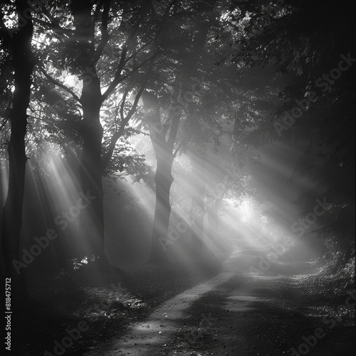 A black-and-white photo of a foggy forest path with light filtering through the trees, creating a mysterious atmosphere.