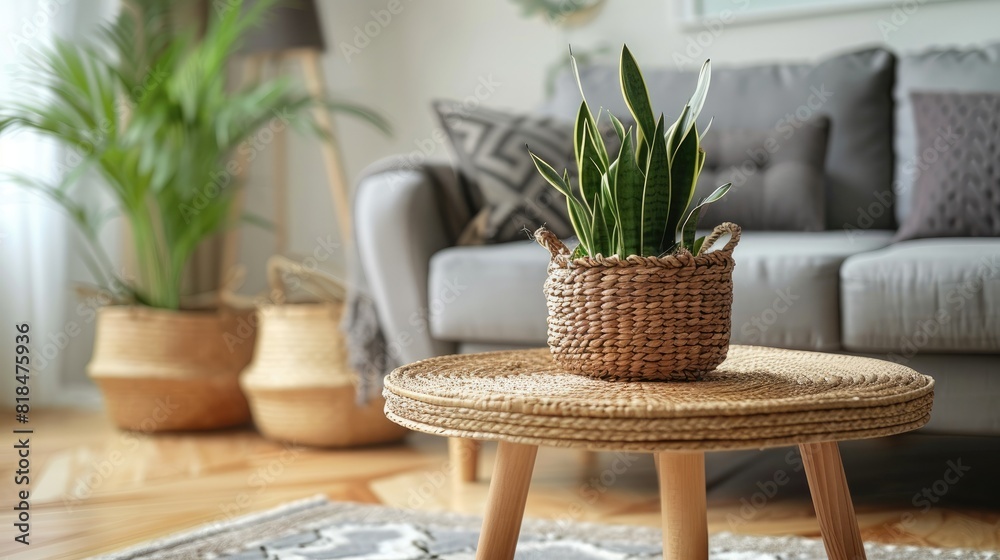 Wooden coffee table with with houseplant and wicker basket near grey sofa in living room Wooden coffee table with with houseplant and wicker basket near grey sofa in living room