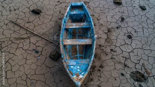 A weathered blue boat sits on cracked, dry soil, suggesting a dried-up waterbody or severe drought conditions.