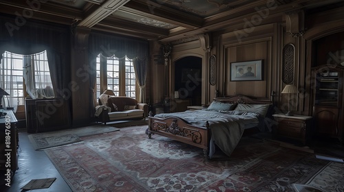 The gloomy atmosphere of the penthouse bedroom at night seemed to amplify every creak and groan of the old building, adding to the sense of foreboding. photo