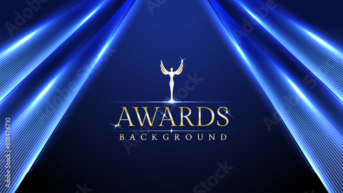 Dark blue and gold royal awards graphic background. Elegant shining lines growing. Luxurious premium corporate abstract design. Trophy banner certificate dynamic shape.