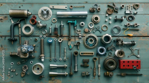 Assorted mechanical parts and tools neatly arranged on a rustic wooden surface, showcasing various hardware components and engineering pieces. photo