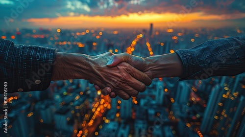 businessmen handshake on an abstract background corporate skyscrapers at sunset double exposure partnership success deal agreement cooperation business contract concept.stock photo photo