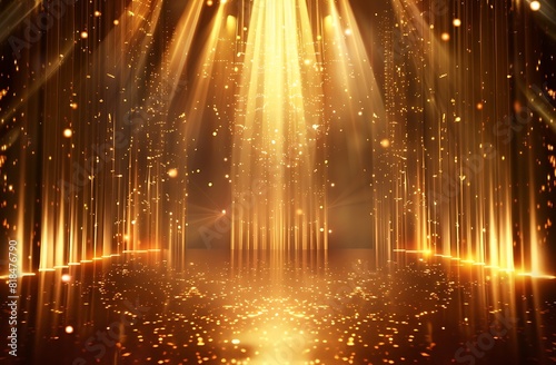 The golden stage background is illuminated by bright lights, with symmetrical pillars and rays of light shining down from the top left corner to form an abstract shape