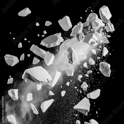 Rock stone white background fall black falling space isolated splash dust mountain cliff flying. Earth stone boulder texture rock abstract broken powder white dirt blast float burst fantasy surface.