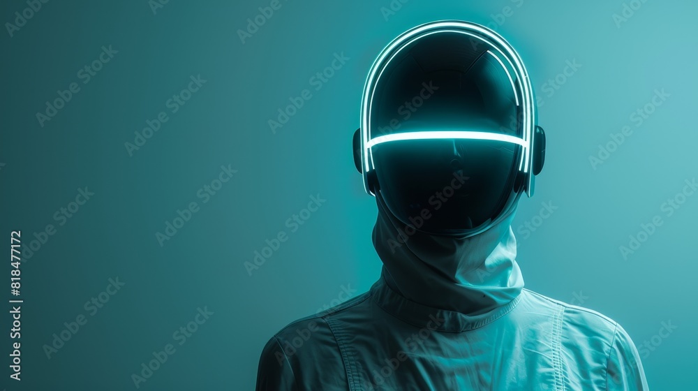 Faceless futurist with neon light accents, standing on a minimal cyan background Faceless futurist with neon light accents, standing on a minimal cyan background
