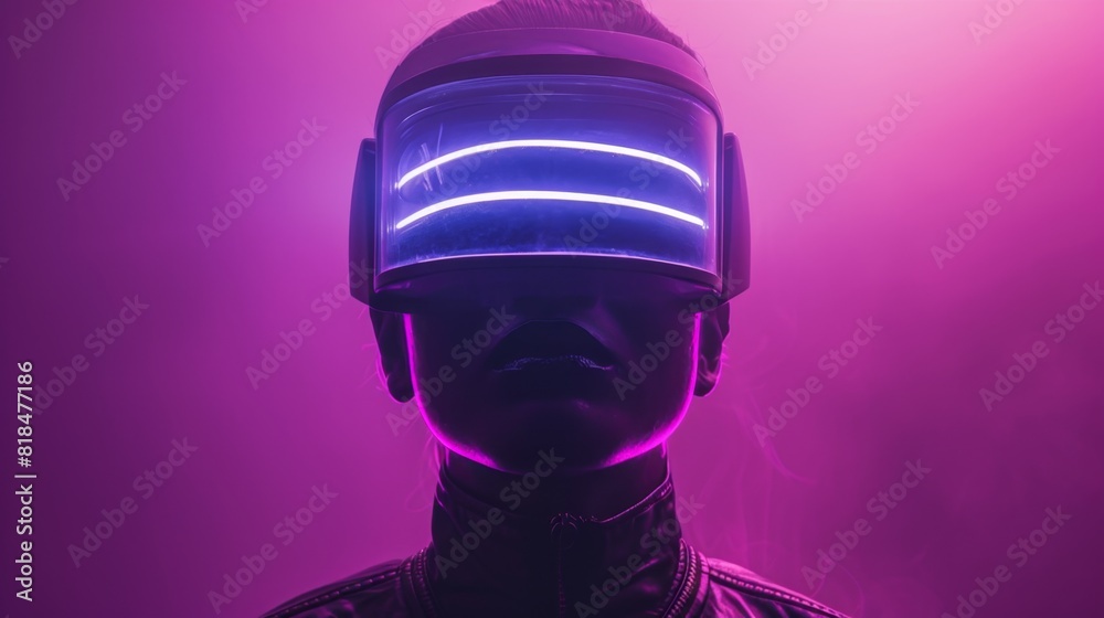 Silhouette of a faceless futurist with neon light elements, minimal mauve background