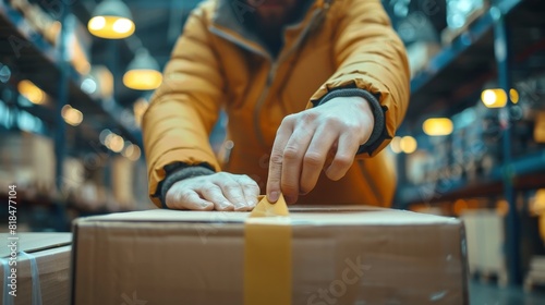 Person sealing cardboard box with tape in a warehouse environment