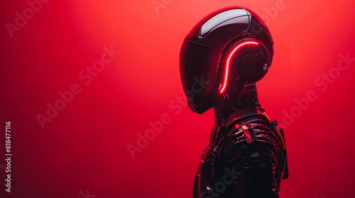 Faceless futuristic figure with glowing neon accents, minimal red background with space for text