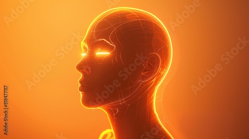 Abstract faceless futurist with neon light outlines, minimal orange background with blank text area