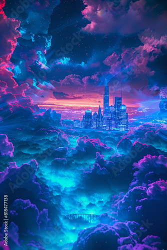 Futuristic city amidst ethereal clouds - This digital painting imagines a future city bathed in twilight colors, amongst dreamy clouds photo