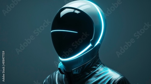 Silhouette of a faceless futuristic figure with neon light effects, minimal ivory background