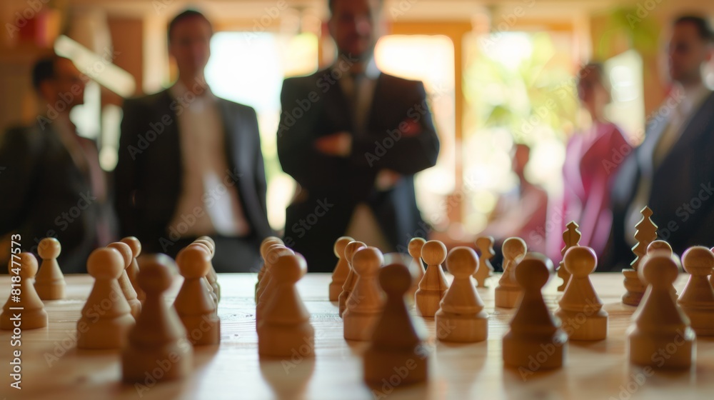 Business team strategizing with a chessboard, symbolizing planning and strategy in a professional setting. Blurred background. Business team strategizing with a chessboard, symbolizing planning and strategy in a professional setting. Blurred background.