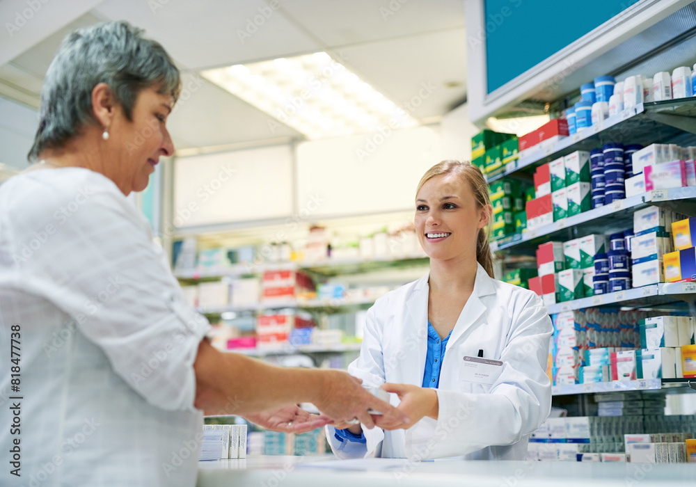 Pharmacy, shop and customer buying medicine, pills or advice on drugs for healthcare product. Happy, pharmacist and woman in store with sale choice, offer or shopping for supplements at drugstore Pharmacy, shop and customer buying medicine, pills or advice on drugs for healthcare product. Happy, pharmacist and woman in store with sale choice, offer or shopping for supplements at drugstore