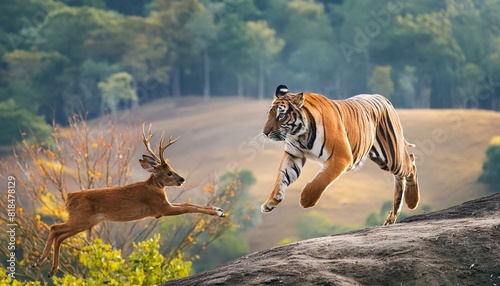 tiger leaping towards a deer in a high-stakes hunt, emphasizing the tense moment of pursuit in the wild background