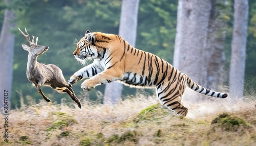 tiger leaping towards a deer in a high-stakes hunt  emphasizing the tense moment of pursuit in the wild background