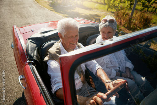 Senior, couple and road or driving convertible for retirement date or holiday adventure, vineyard or transportation. Man, woman and old people in luxury car in California for morning, travel or relax