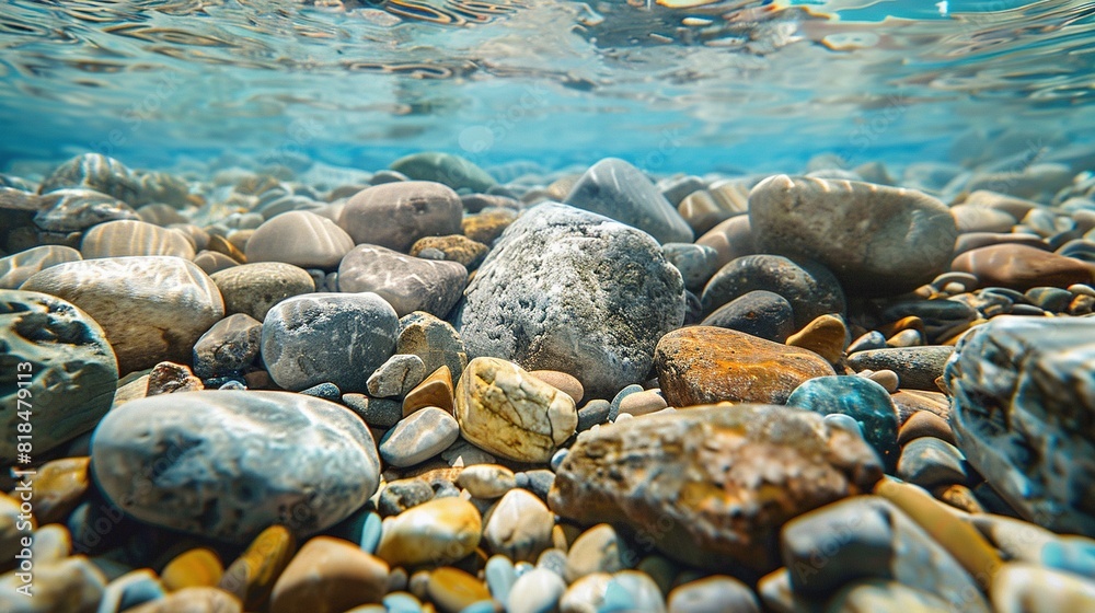 Underwater river rocks with smooth surfaces and light reflections. Textured background of river stones, natural underwater photography.