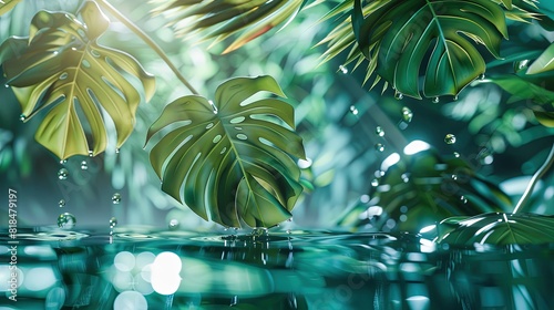 Tropical leaves on water background  Monstera and palm leaves on water.