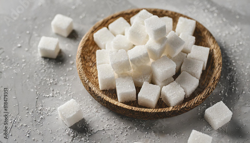 white sugar cubes sits on a light background, illuminated from the back, creating a soft, glowing effect that highlights the cubes' geometric shapes and purity