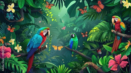 Tropical rainforest illustration with colorful birds and butterflies. Diverse tropical birds like parrots, macaws, and hummingbirds. © UMPH.CREATIVE