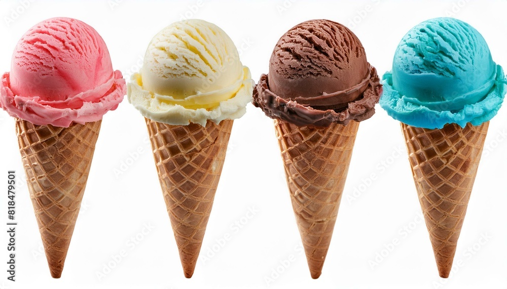 Ice cream scoop on waffle cone on white background cutout. Many assorted different flavour Mockup template for artwork design. Ice cream scoop on waffle cone on white background cutout. Many assorted different flavour Mockup template for artwork design.