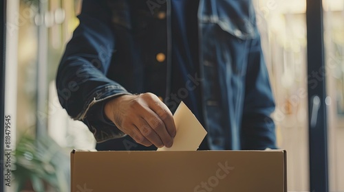 Man placing ballot paper in a secure ballot box. Exercising the right to vote, democratic elections.