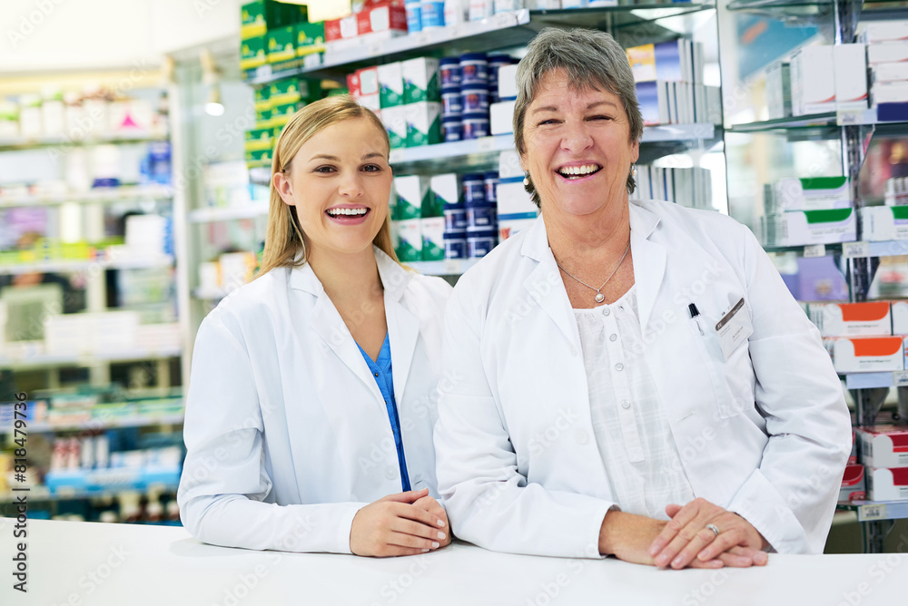 Portrait, women and pharmacy with teamwork, healthcare and happiness with career ambition, confidence and wellness. Face, people or coworkers in store, pharmaceutical drugs and cooperation with pride Portrait, women and pharmacy with teamwork, healthcare and happiness with career ambition, confidence and wellness. Face, people or coworkers in store, pharmaceutical drugs and cooperation with pride