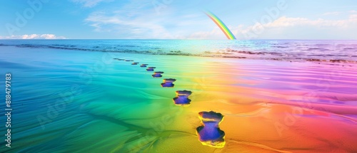 Follow the Rainbow Footprints to the Horizon - Conceptual Journey and Exploration Illustration with Copy Space Background