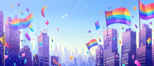 Celebrating Diversity  Vibrant Cityscape with Pride Flags and Copy Space Sky Illustration
