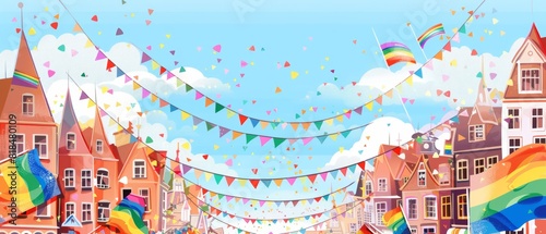 Celebrating Diversity: Vibrant Cityscape with Pride Flags and Copy Space for Messages Illustration © Patarapoom