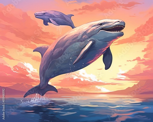 A pod of ancient dolphins leaps from the water in the golden light of the setting sun