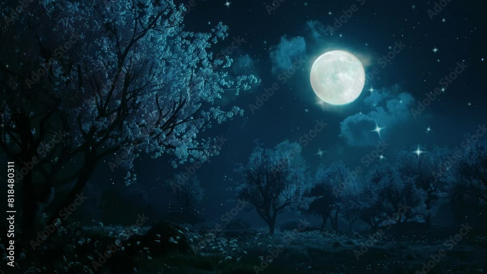 The serene charm of a cherry blossom garden is accentuated by the soft radiance of a full moon.
The serene charm of a cherry blossom garden is accentuated by the soft radiance of a full moon.