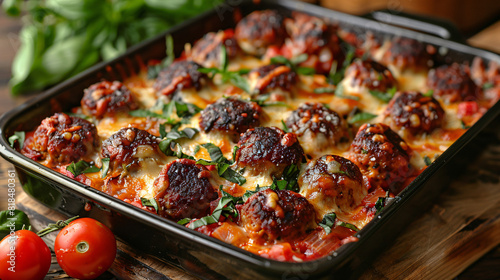 Baked cheesy meatballs casserole with tomato