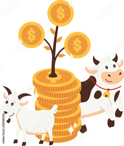 Investment illustration for Eid Mubarak holiday, coin money tree with cow and goat