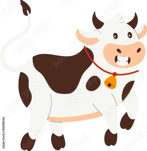 Cute cow animal character smiling happy with cow bell necklace