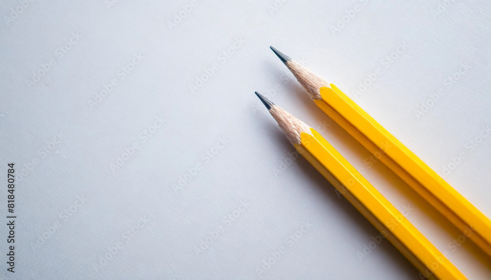 Two yellow pencils placed parallel on a white background with ample caption space on the side. Top view with copy space for text Two yellow pencils placed parallel on a white background with ample caption space on the side. Top view with copy space for text