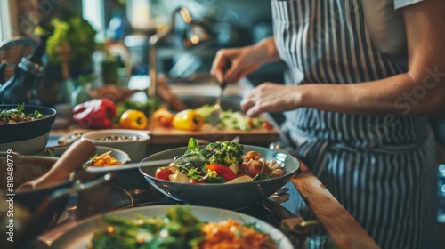 WOMAN preparing food on plates with vegetables and spices photo