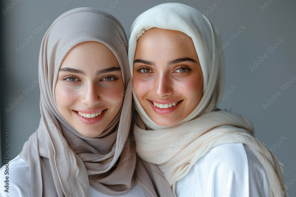 Arab women wearing white t-shirt smile having a good time together Arab women wearing white t-shirt smile having a good time together