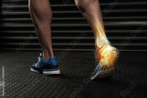 Fotografía Fitness, ankle pain and feet of man with injury, muscle strain and accident for training, workout and exercise
