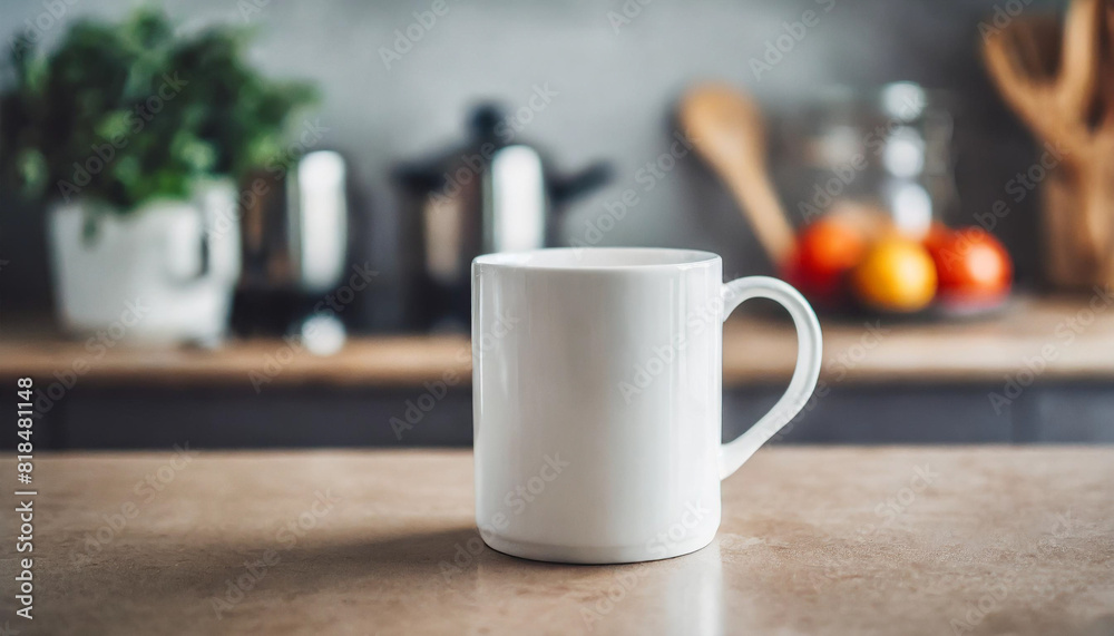 white blank coffee mug stands on a tabletop with a blurred kitchen background, symbolizing simplicity and potential, ready for custom designs or messages. Perfect for promoting branding or personal cr white blank coffee mug stands on a tabletop with a blurred kitchen background, symbolizing simplicity and potential, ready for custom designs or messages. Perfect for promoting branding or personal cr