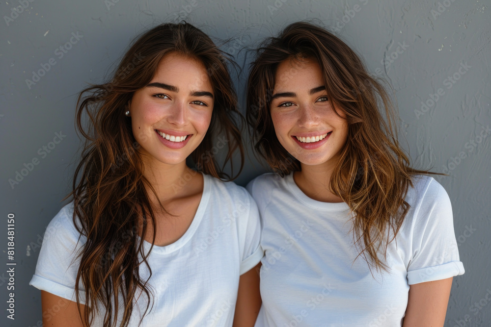 Brunette women wearing white t-shirt smile having a good time together Brunette women wearing white t-shirt smile having a good time together
