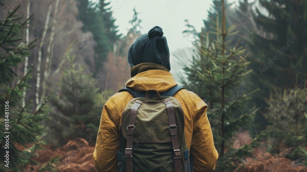 One person standing holding backpack exploring nature